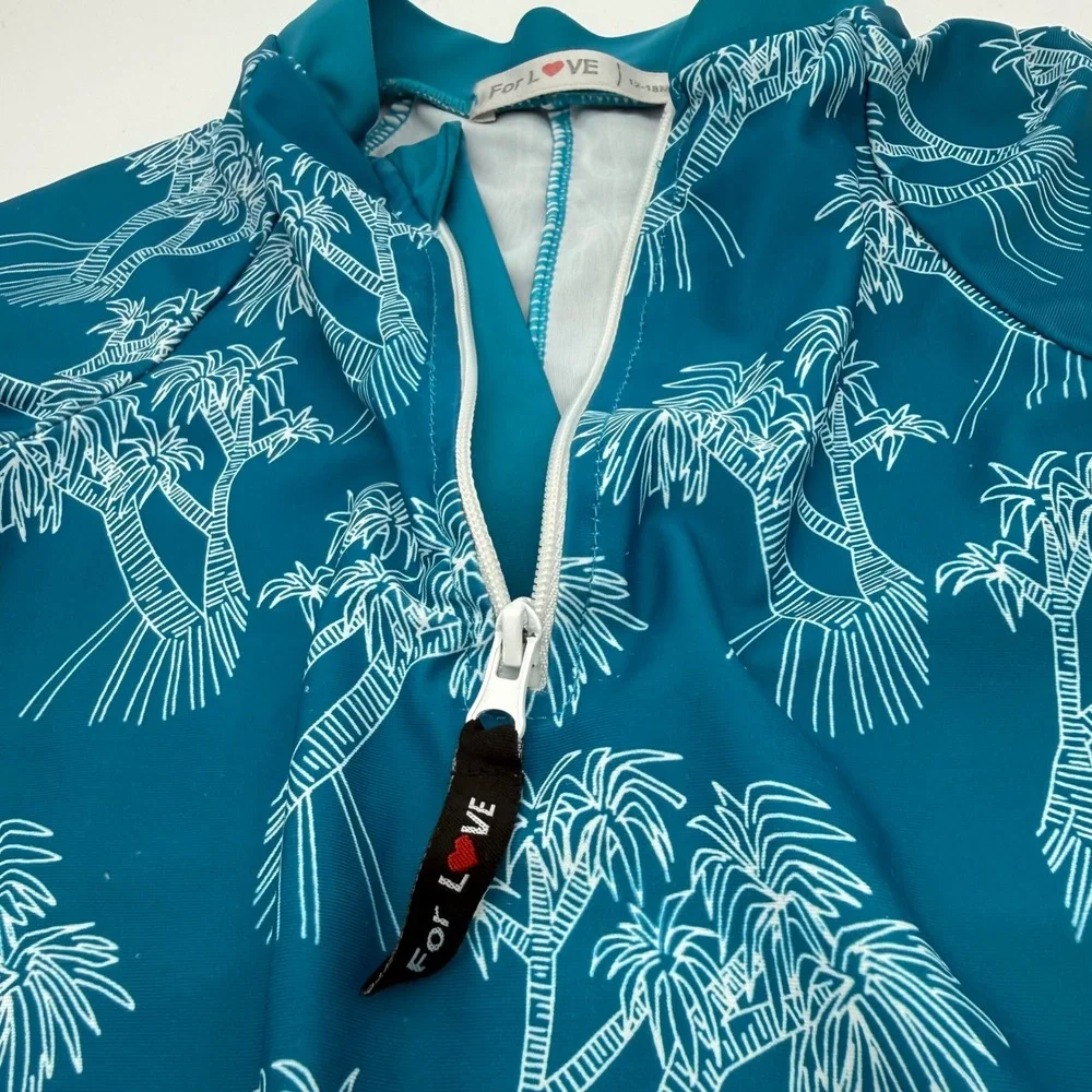 For Love 12-18mth Kids Palm Tree Rash Guard Swimsuit Teal Zip One Piece